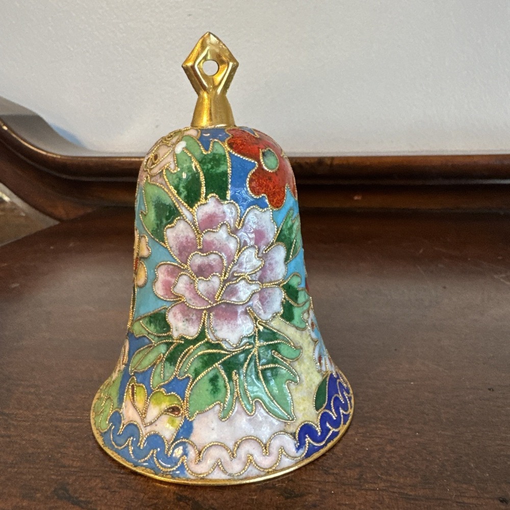 4" Vtg Cloisonne Bell Ornament, Blue Red, Green, Pink Flowers